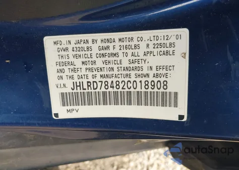 2002 Honda Cr-V Lx z USA, uszkodzony, nr VIN JHLRD78482C018908